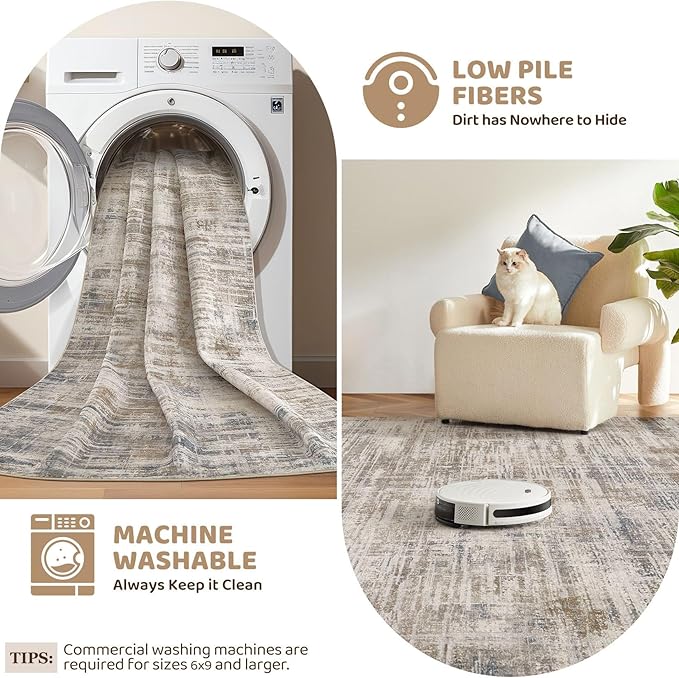 Area Rug for Living Room: 10x12 Washable Neutral Abstract Modern Soft Rugs Non Slip Indoor Floor Stain Resistant Large Carpet for Bedroom Dining Room Office Nursery - Brown