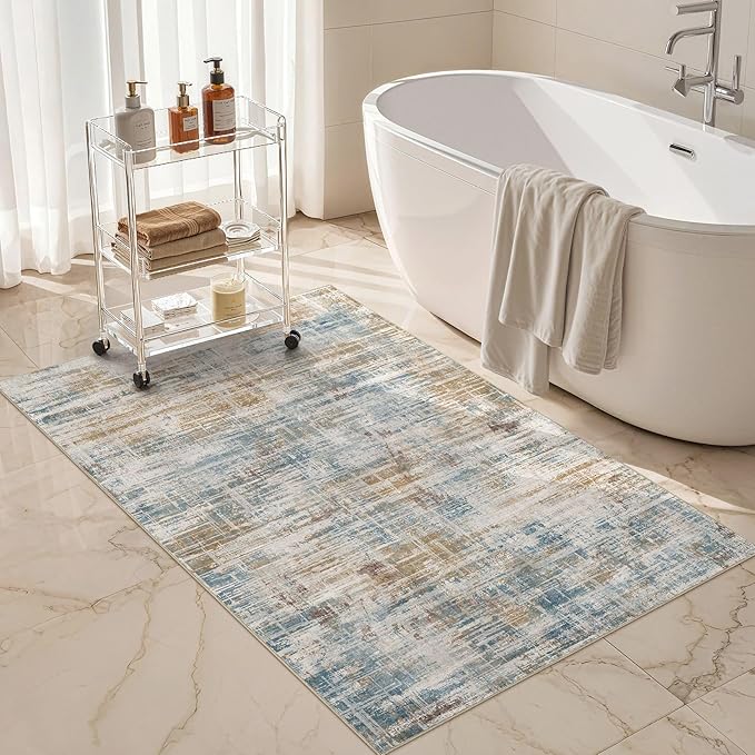 Area Rug for Living Room: 3x5 Washable Neutral Abstract Modern Soft Rugs Non Slip Indoor Floor Stain Resistant Carpet for Bedroom Dining Room Office Nursery - Blue Brown