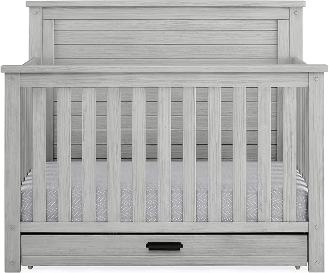 Delta Children Simmons Kids Caden 6-in-1 Convertible Crib with Trundle Drawer, Greenguard Gold Certified, Rustic Mist