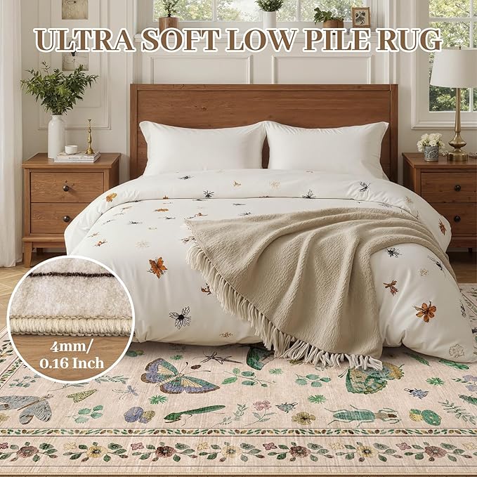 5x7 Washable Area Rug with Insect Print - Bug Rug Non-Shedding Stain Resistant Soft Carpet for Bedroom, Low Pile Ultra-Thin Machine Washable Carpet for Dining Room, Kids Nursery, Office (5'x7' Beige)