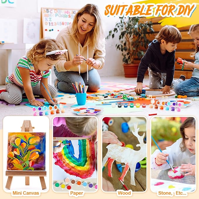 Fulmoon 12 Set Acrylic Paint Kits for Kids Adults Washable Mini Painting Kit Arts Crafts Party Favors Filled Strips Brushes Palettes Bulk for Classroom Home Kit Supplies (Vivid Color)