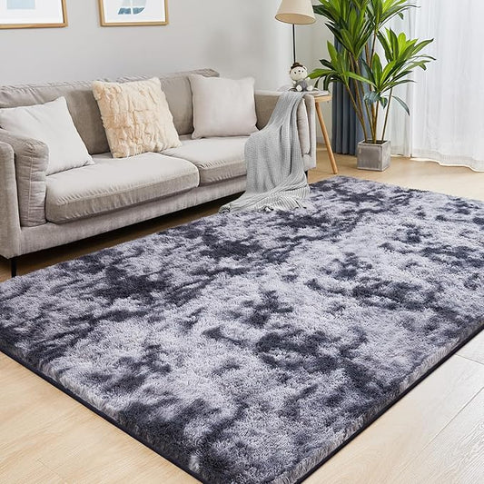 Fluffy Shag Area Rug, 3x5 Tie-Dyed Dark Grey Rugs for Bedroom, Soft Plush Area Rugs for Living Room, Non-Slip Indoor Carpet for Nursery, Study Room, Dressing Room, Home Decor