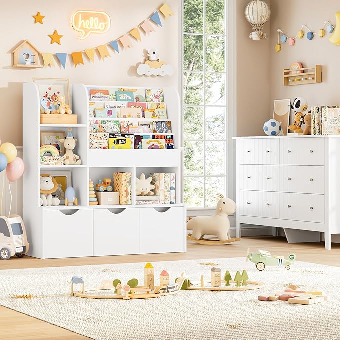 FOTOSOK 47'' Kids Bookcase and Bookshelf, Multifunctional Bookcase with 5 Storage Cubbies and 3 Movable Drawers, Toy Storager Display Stand, Toy Storage Organizer for Bedroom, Playroom, Hallway, White