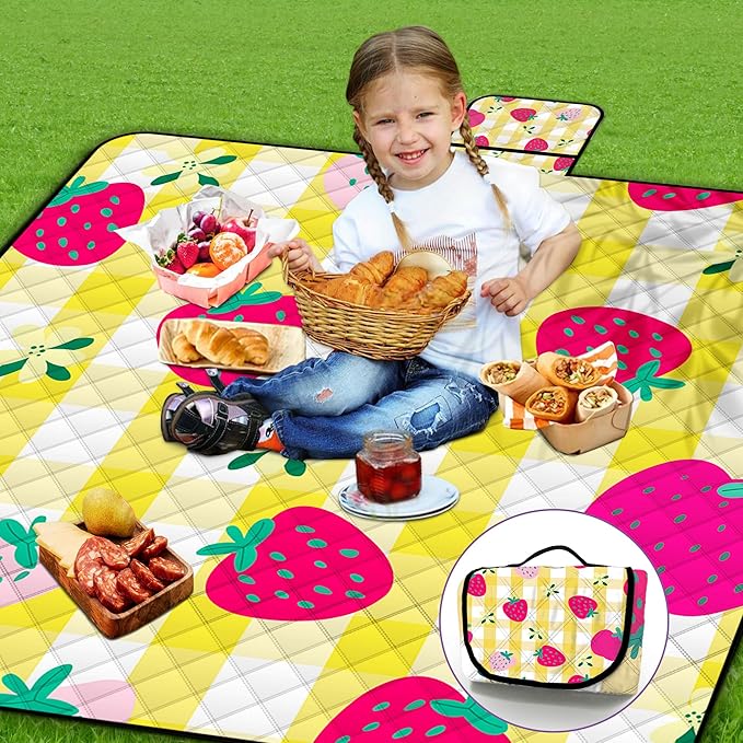 Extra Large Picnic Blanket Waterproof,80"x 80"Foldable Machine Washable Beach Blanket,Outdoor Blanket for 6-8 Adults,Picnic Mat Suitable for Indoor Crawling,Park Beach,Camping,Hiking,Travel（Yellow）