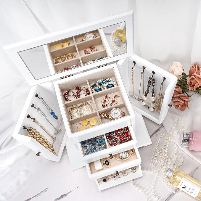 Jewelry Box for Women, Rustic Wooden Jewelry Boxes & Organizers with Mirror, 4 Layer Jewelry Organizer Box Display for Rings Earrings Necklaces Bracelets (Weathered White)