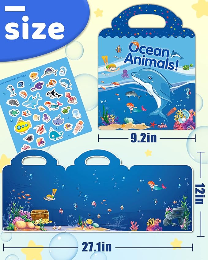 Benresive Reusable Sticker Book for Toddlers 2-4 Years, Fun Travel Stickers for Kids, Waterproof Sticker Books for Toddlers 1-3, Crafts Activities for Todddlers 1-3 2-4 3-5 - Ocean Animals