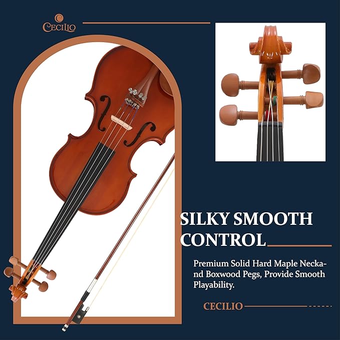 Cecilio 1/4 Size Natural Varnish Violin for Beginners, Hand-Carved Solid Spruce Top, Maple Back & Sides, Full Fiddle Kit with Hard Case, Bows, Rosin, Shoulder Rest, Lesson Book