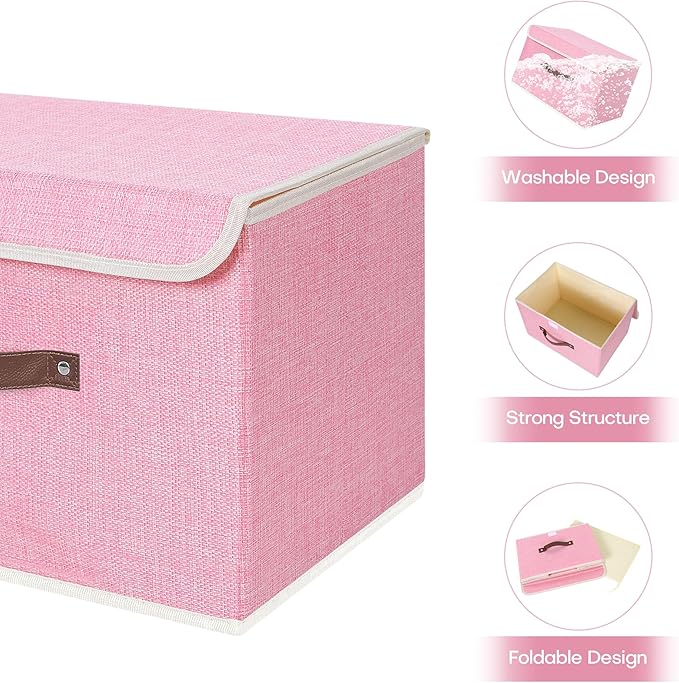 ANMINY 2PCS Storage Bins with Lid PU Leather Handles Storage Boxes PP Plastic Board Decorative Foldable Lidded Cotton Linen Fabric Home Cubes Baskets Closet Organizer Containers - Pink, Large Size