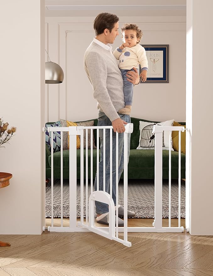 Babelio Baby Gate with Adjustable Cat Door,29-43" Auto Close Durable Pet door for Stairs,Doorways and House,Pressure Mounted,Easy Install,Effortless Walk Thru,White