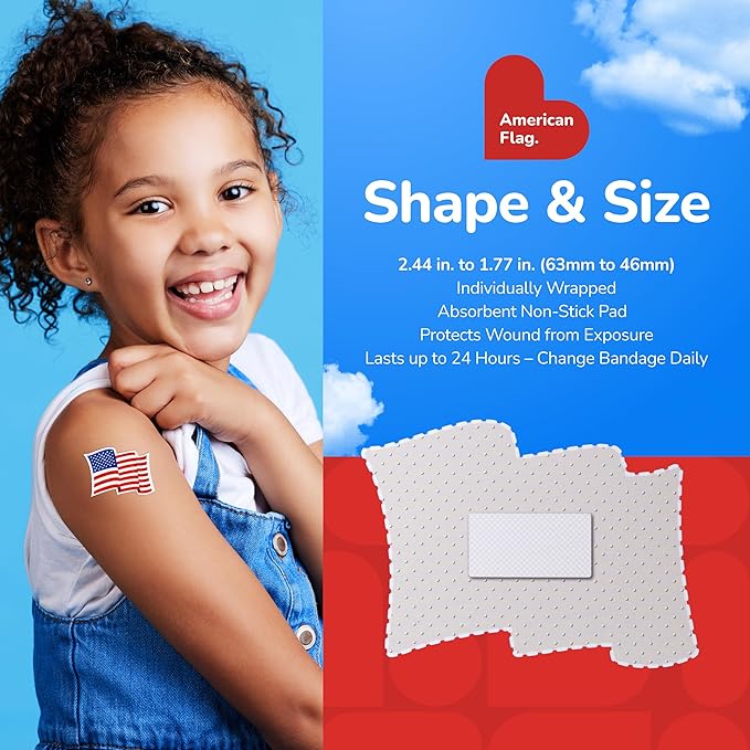 BioSwiss Bandages, American Flag Shaped Self Adhesive Bandage, Latex Free Wound Care, Fun First Aid Kit Supplies for Kids and Adults, 50 Count
