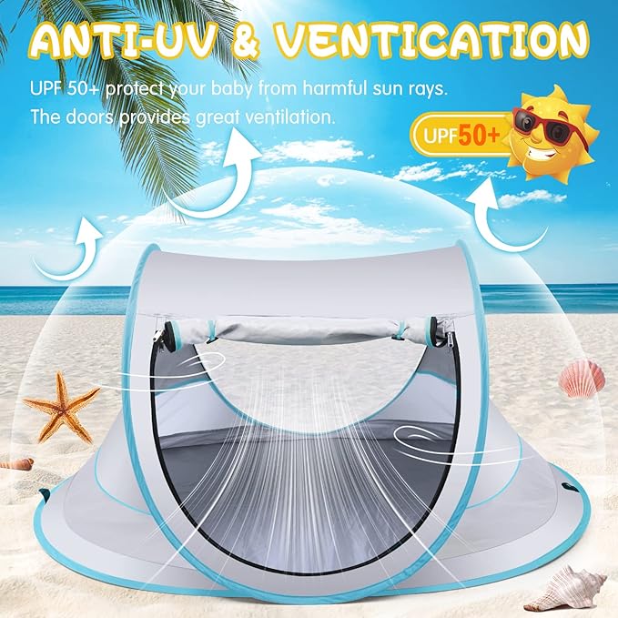 Baby Beach Tent,Large Pop Up Beach Tent Sun Shade for Beach,Portable Baby Travel Tent with Mosquito Net,Indoor Baby Play Tent,UPF 50+ UV Protection Sun Shelters for Infants