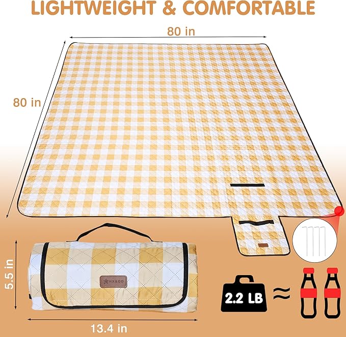 HX&OD Outdoor Picnic Blanket, Extra Large, 80''x80'' Waterproof Foldable Blankets Gingham Picnic Mat for Beach, Camping Grass Lawn Park Accessories Cute Couple Ideas Wedding (Yellow, 80”x80”)