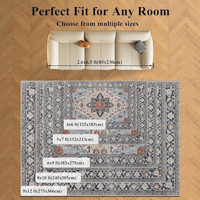 4x6 Washable Area Rug for Living Room, Carpet for Bedroom, Soft Faux Wool Retro Dining Room Rug, Non Slip&Non-Shedding Resistant Low Pile Vintage Print Rug for Home Office (Blue/Gray)