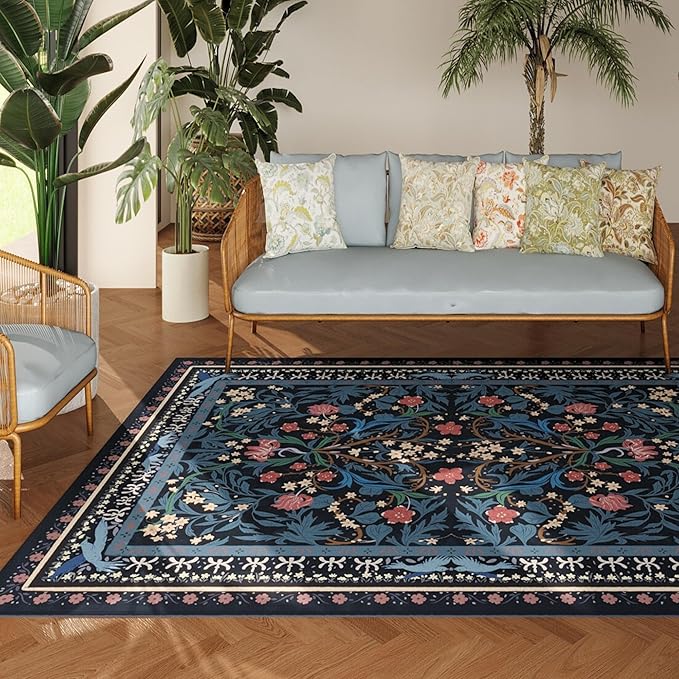 Bedroom Rug 3x5 Rug Washable Area Rug Non Slip Low Pile Vintage Floral Botanical Small Carpet for Bedroom, Bedside, Kitchen, Entryway, Kids Room, Office, Blue