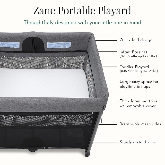 Evolur Zane Portable Playard with Instant Fold, Removable Mattress Cover & Full-Size Zipper Bassinet – Lightweight Travel Crib for Infant (0–18 Months) Grey