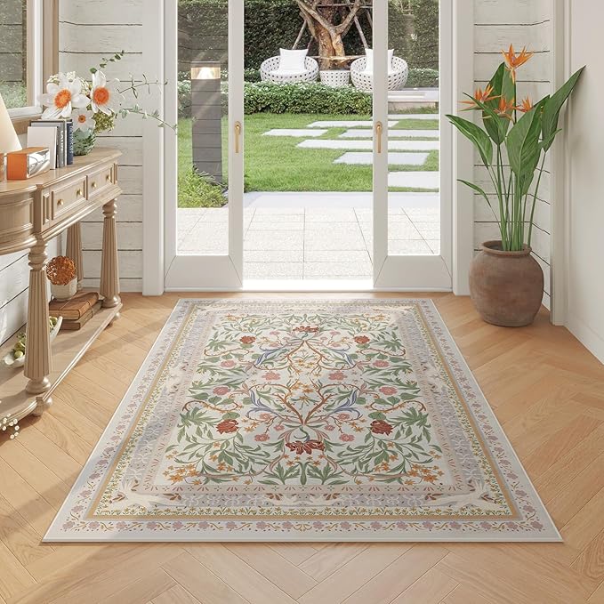 Area Rug 4x6 Rug Washable Vintage Floral Botanical Rugs Non Slip Low Pile Small Carpet for Bedroom, Bedside, Kids Room, Office, Dining Room, Beige