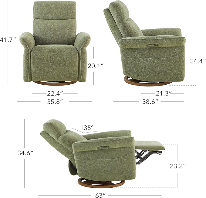 CHITA Power Recliner Chair, Electric Triple-Motor Swivel Glider Nursery Rocking Chair with Adjustable Power Headrest and Lumbar Support, GREENGARD Gold Certified, Solid Wood Base, Forest Green