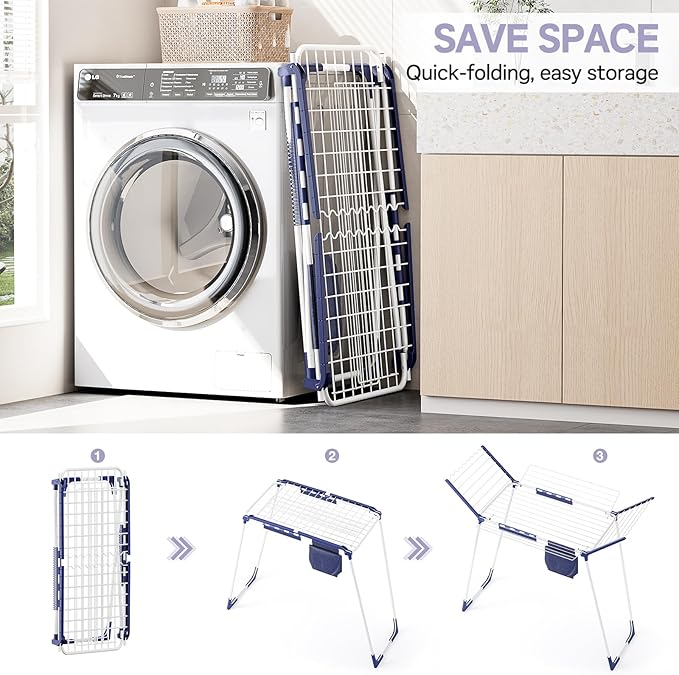 APEXCHASER Clothes Drying Rack Foldable, Drying Rack Clothing Large Space, Winged Laundry Rack with Sock Clips for Hanging Towels Clothes Dress Bedding Indoor Outdoor, White