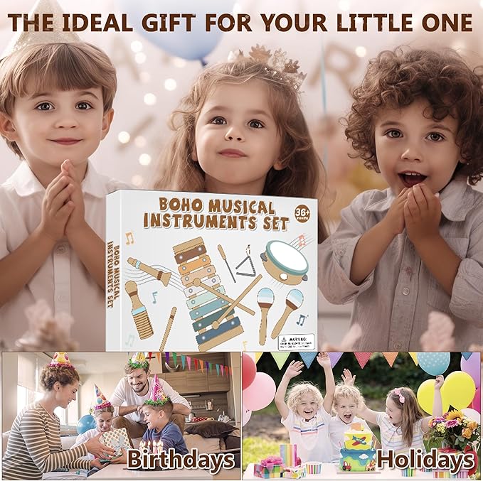 Baby Musical Instruments | Montessori Wooden Toys for Toddlers, Neutral Color Percussion Instruments Set with Modern Boho Xylophone Tambourine, Educational Musical Toys for Boys Girls 3+