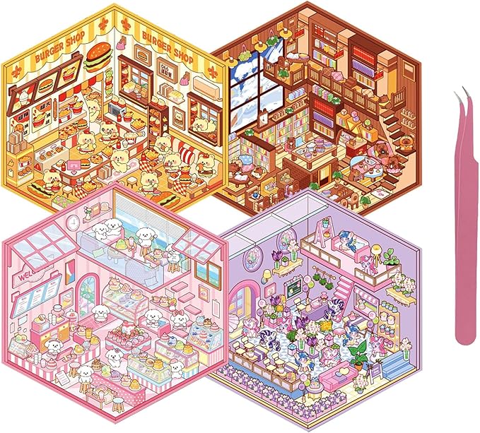 4 Sets DIY 3D House Sticker Make Your Own Mini Flower Shop, Bookstore, Cake Shop, Burger Shop Scenes Stickers for Kids Cartoon Scene Stickers for Adult Relief Stress Pass The Time