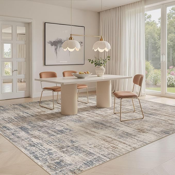 Area Rug for Living Room: 12x15 Washable Neutral Abstract Modern Soft Rugs Non Slip Indoor Floor Stain Resistant Large Carpet for Bedroom Dining Room Office Nursery - Brown