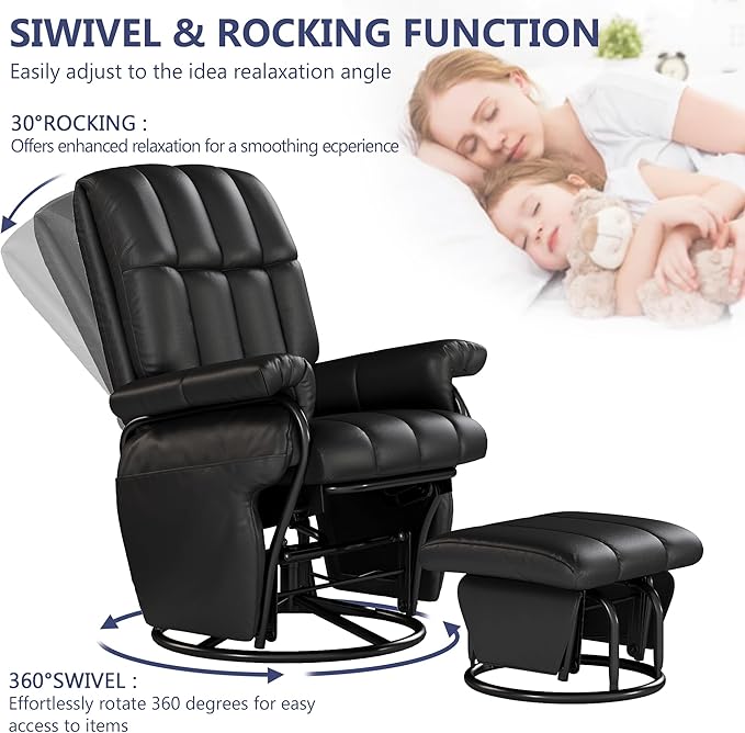 AODAILIHB Swivel Glider Recliner with Ottoman, 360 Rocking Chair with Foot Rest Recliner Chair Indoor Rocking Chair with Side Pockets Nursery Chairs for Living Room, Bedroom, Office (Black)