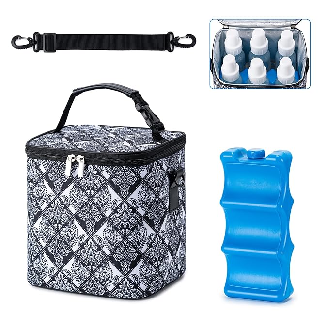 Breastmilk Cooler Bag with Ice Pack Fits 6 Baby Bottles Up to 9 Ounce, Baby Bottle Bag with Shoulder Strap for Nursing Mom Daycare, Black