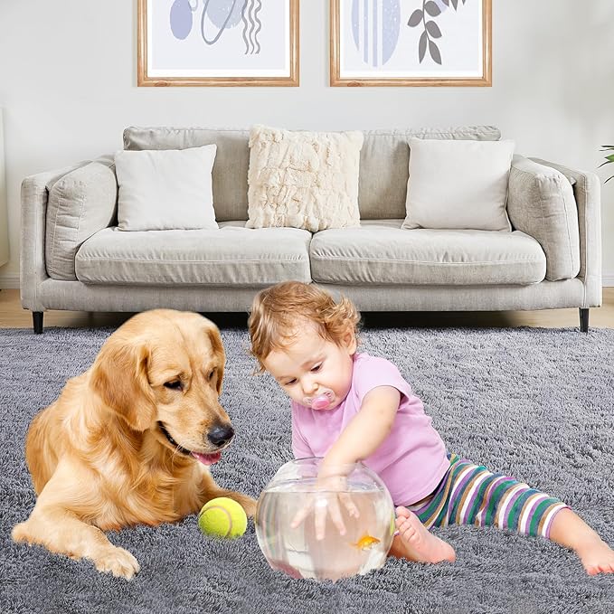 8x10 Grey Fluffy Rug, Ultra Soft Area Rugs for Living Room, Plush Indoor Carpet, Anti-Skid High Pile Luxury Rugs for Bedroom, Nursery, Kids Room, Playroom, Home Decor