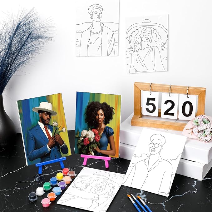 Blosssound 10 Set Pre Printed Canvas Pre Drawn Canvas Painting with Easel Kits 5" x 7" Outline Painting Panels for Beginners, DIY Craft Project, Party Favor, Home Decors(Black Couple)