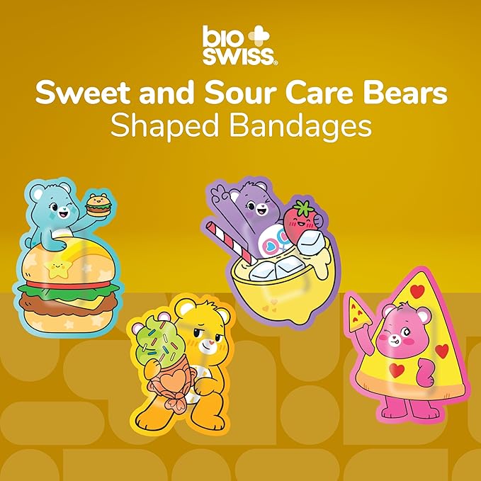 BioSwiss Care Bears Bandages, Sweet and Sour Care Bear Shaped Self Adhesive Bandage, Latex Free Sterile Wound Care, Fun First Aid Kit Supplies for Kids, 24 Count