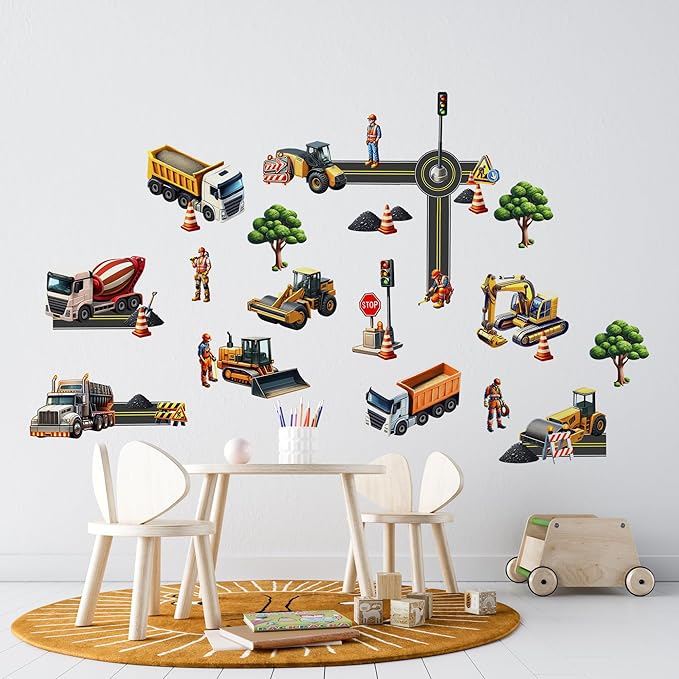 Construction Car Wall Decals for Boys by Lipastick - Road, Trucks, Tractors, Excavators Wall Stickers for Kids Bedroom, Nursery, Playroom - Peel and Stick Transport Themed Wall Decals - M Size