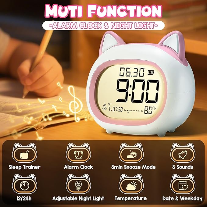 Kids Alarm Clock with Night Light for Kids, Small Digital Alarm Clocks for Bedrooms, Routine Builder, Cute Cat Alarm Clock with Sleep Training, Snooze, 12/24H, Date & Day, Temperature, USB Port