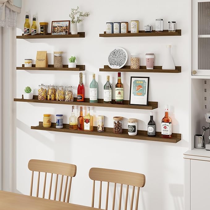 Axeman Picture Ledge Shelf, Floating Shelves for Wall Decor Storage Set of 6, 36 inch Floating Wall Mounted Shelves, Wall Shelves with Lip for Living Room, Bedroom, Nursery, Bathroom, Kitchen, Walnut