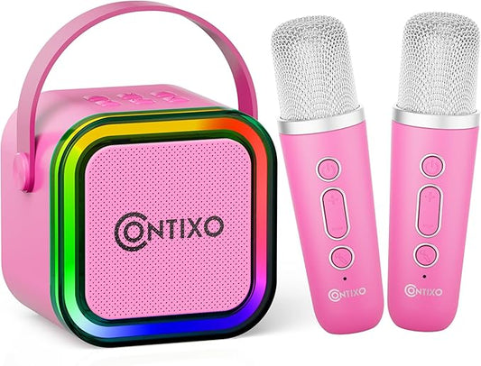 Contixo KS1A Kids Mini Karaoke Machine with LED Lights, 7–10H Playback, Dual Wireless Mics, Magic Voice Effects, Bluetooth Speaker for Children, Portable Singing Toy Gift for Boys & Girls, Pink