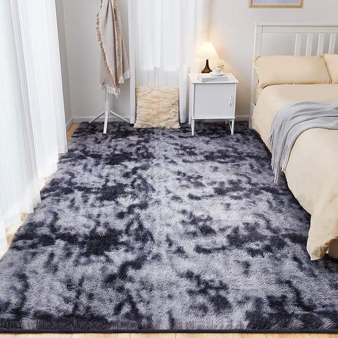8x10 Fluffy Rugs for Living Room, Ultra Soft Plush Area Rug for Bedroom, Anti-Skid High Pile Indoor Carpet for Nursery, Kids Room, Playroom, Home Decoration, Tie-Dyed Dark Grey