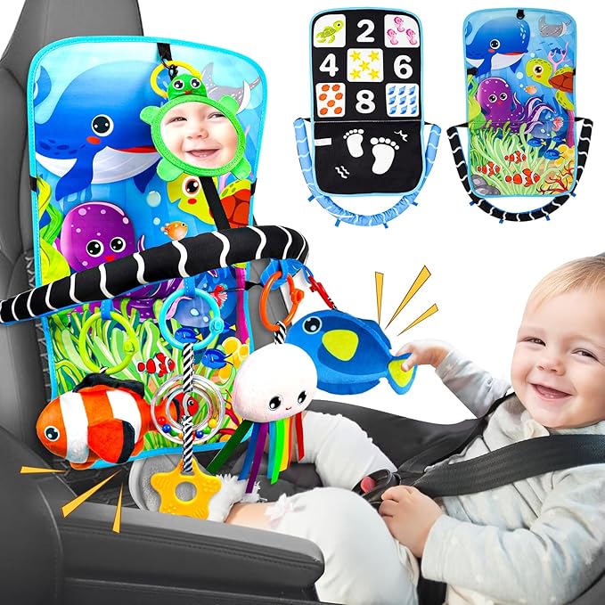 Baby Car Seat Ocean Animals Toys - Kick and Play Double Sided Infant Car Seat Toys with Plush Toys, Mirror, Teether for Baby Travel Activities, Christmas Birthday Gifts Newborn Infant Toy