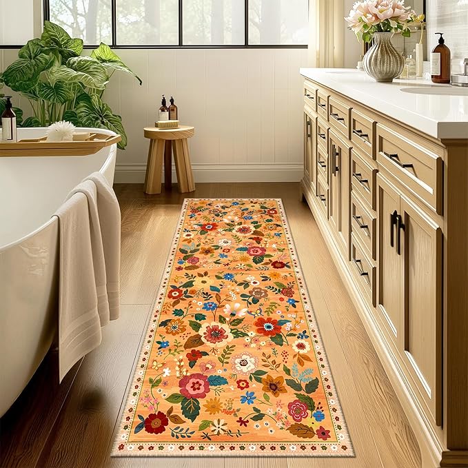 Floral 2x8 Area Rug Machine Washable Soft Print Boho Carpet Non Slip Doormat Low Pile Flower Area Rugs for Living Room Bedroom Nursery Kitchen Dining Room Indoor-Yellow/Orange