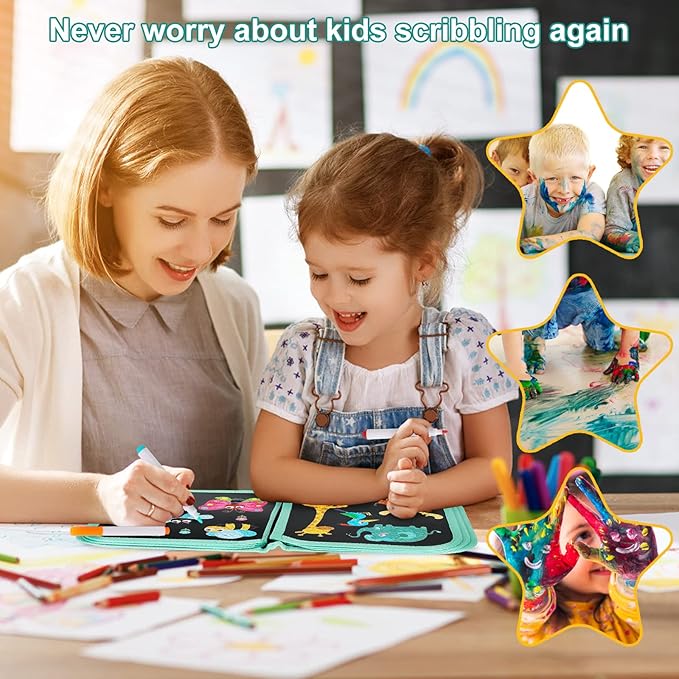 Erasable Book Doodle Set for Kids,Magic Drawing Book for Kids,Reusable Drawing Book 12 Watercolor Pens 14 Page Drawing,Road Trip Car Game Writing Painting Set for Boys and Girls (Forest Party)