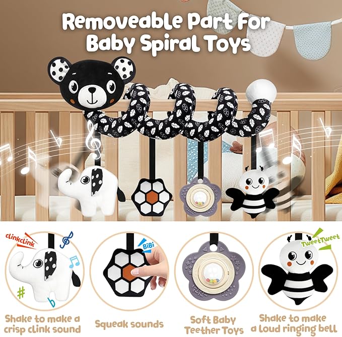 Car Seat Toys for Babies 0-6 Months,Hanging Rattle Toys for Crib Mobile, Baby Spiral Hanging Stroller Black and White High Contrast Toys for Newborn 0 3 6 9 12 Months Baby Boys Girls (Bear)