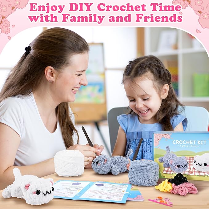 Crochet Kit for Beginners - 2PCS Kitty Crochet Kit with Step-by-Step Video Tutorials, Crochet Starter Kit for Adults and Kids, Learn to Crochet Cat, Beginner Crocheting Kit Easy Peasy Yarn