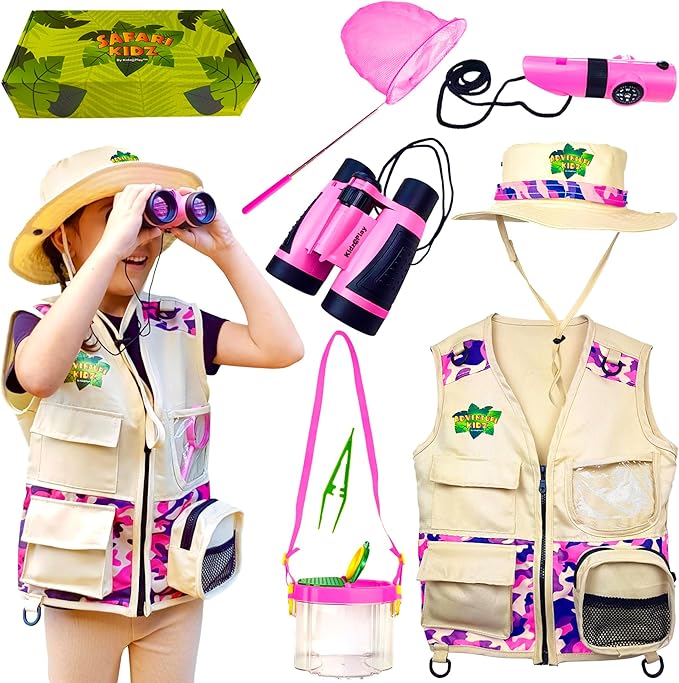 Bug Hunting Kit, Pink Safari Vest, Hat, Binoculars, Lg. Butterfly Net, Bug Container, Whistle, Flashlight, Magnifier, Thermostat, Compass, Age 3+