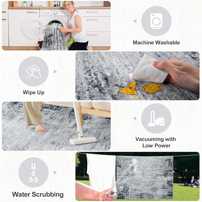 Area Rugs 10x12 Living Room - Washable Rug Modern Abstract Soft Large Neutral Non-Slip Carpet Indoor Floor Thin Carpets for Bedroom Dining Room Farmhouse Nursery Home Office Black