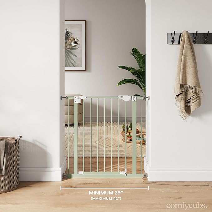 Comfy Cubs Baby Safety Gate with 3 Extensions - Adjustable 42" x 1.9" x 30" Q195 Steel Doorway Barrier - Powder-Coated Finish for Stairs and Doorways - Walk-Through Design Pet Gate - Sage