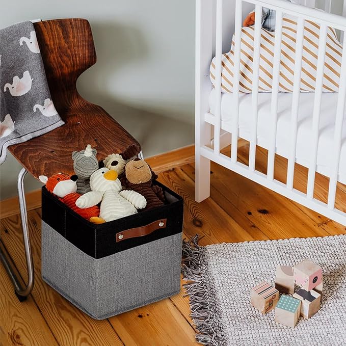 HNZIGE Fabric Cube Storage Baskets 11x11, Set of 4, Foldable Baskets with Handlesfor Organizer Closet(Black Gray)