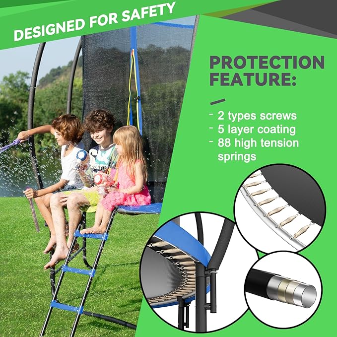 14FT 12FT 10FT 16FT Trampoline with Safety Enclosure, Anti-Rust Coating – ASTM Certified, Heavy-Duty Outdoor Trampoline with Ladder – for Kids & Adults