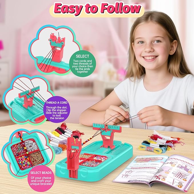 Friendship Bracelet Making Kit, Arts and Crafts Loom Bracelet Maker for Kids, Jewelry String Making supplies with 3 Thread Styles & 6 Bead Types, Christmas Birthday Gifts for Girls Ages 6 7 8 9 10+