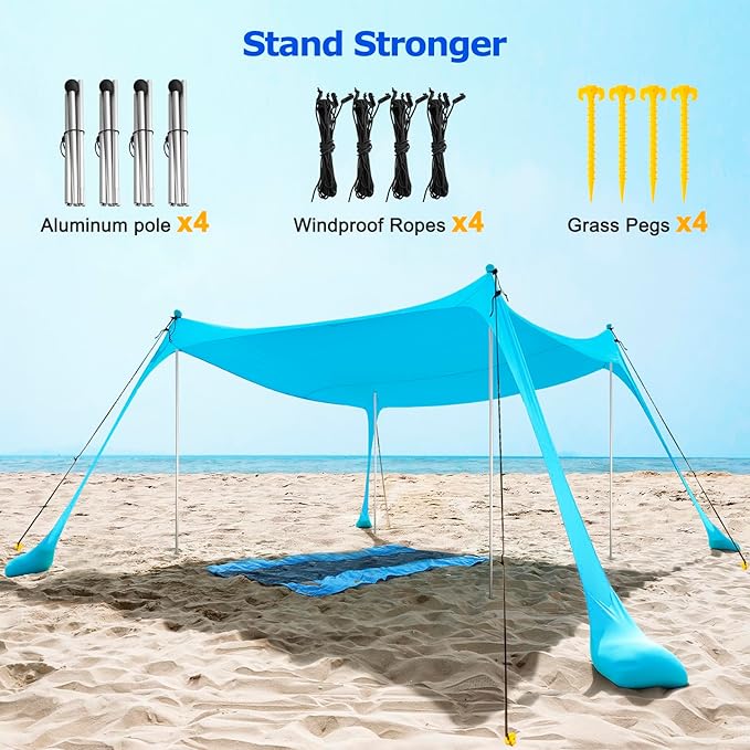 COMMOUDS Beach Tent Sun Shelter - UPF50+ Pop Up Beach Canopy with Sandbags & Sand Shovel & Windproof Poles, Portable Sun Shade for Beach, Camping, Picnics, Backyard