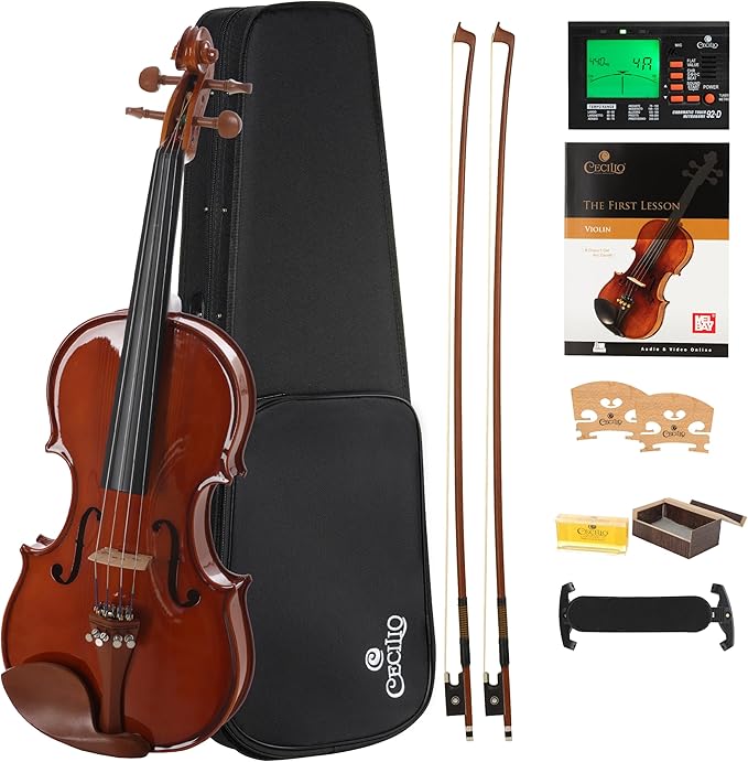 Cecilio 1/4 Violin Solidwood Violin with D'Addario Prelude Strings, Bow, Rosin, Tuner, Shoulder Rest & Lesson Book – Ideal for Beginners
