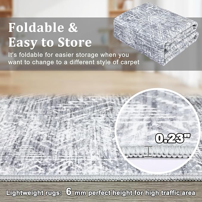 COZYLOOM 2x6 Runner Rug Hallway Modern Washable Distressed Accent Carpet with Non-Slip Backing, Ultra-Soft Contemporary Geometric Floor Mat for Living Room, Kitchen, Bedroom, Grey