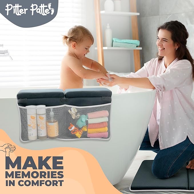 Baby Bath Kneeler and Elbow Rest Pad Set Made of Neoprene & Foam - Non Slip Cushioned Bath Kneeling Pad for Bathing Baby with XL Compartments for Bath Toy Storage for Tub